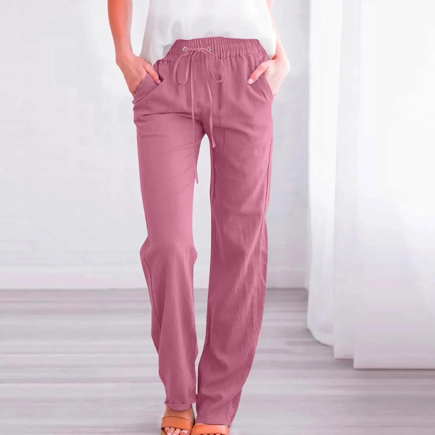 Womens Linen Pants Casual Loose Elastic Waist Drawstring Trousers Trendy Straight Leg Lounge Pants with Pockets
