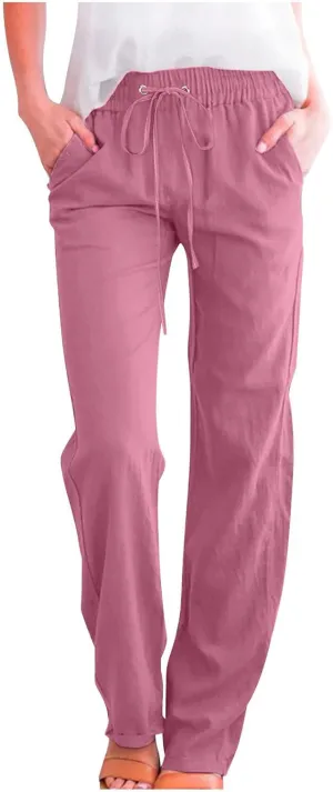 Womens Linen Pants Casual Loose Elastic Waist Drawstring Trousers Trendy Straight Leg Lounge Pants with Pockets