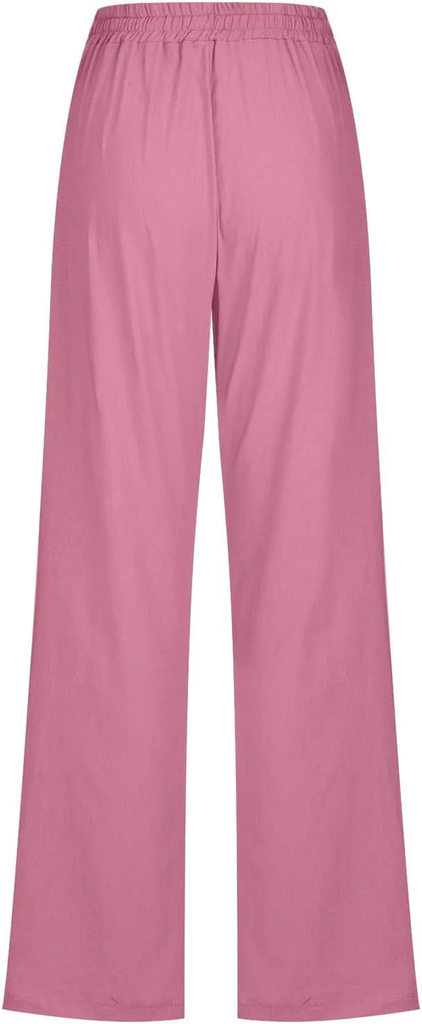 Womens Linen Pants Casual Loose Elastic Waist Drawstring Trousers Trendy Straight Leg Lounge Pants with Pockets