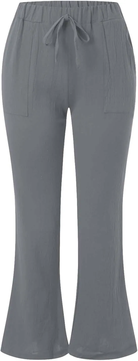 Womens Linen Pants for Summer and Linen Pocket Waist Slim Bell Bottom Trousers Linen Slacks for Women