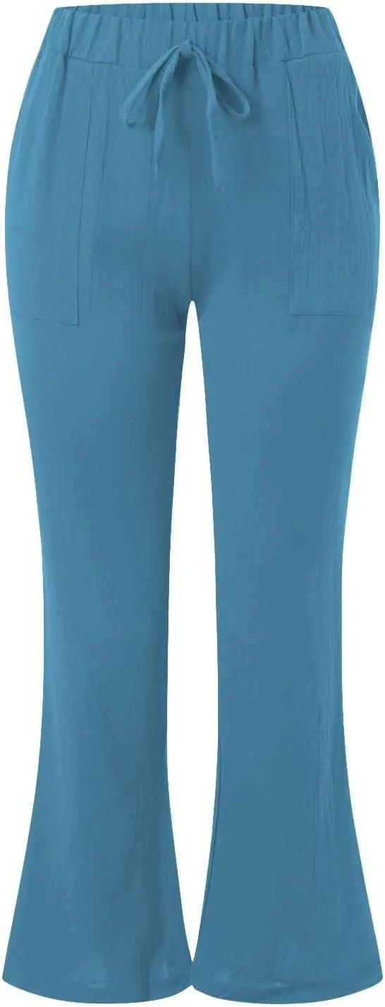 Womens Linen Pants for Summer and Linen Pocket Waist Slim Bell Bottom Trousers Linen Slacks for Women