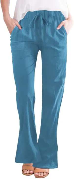 Womens Linen Pants for Summer and Linen Pocket Waist Slim Bell Bottom Trousers Linen Slacks for Women