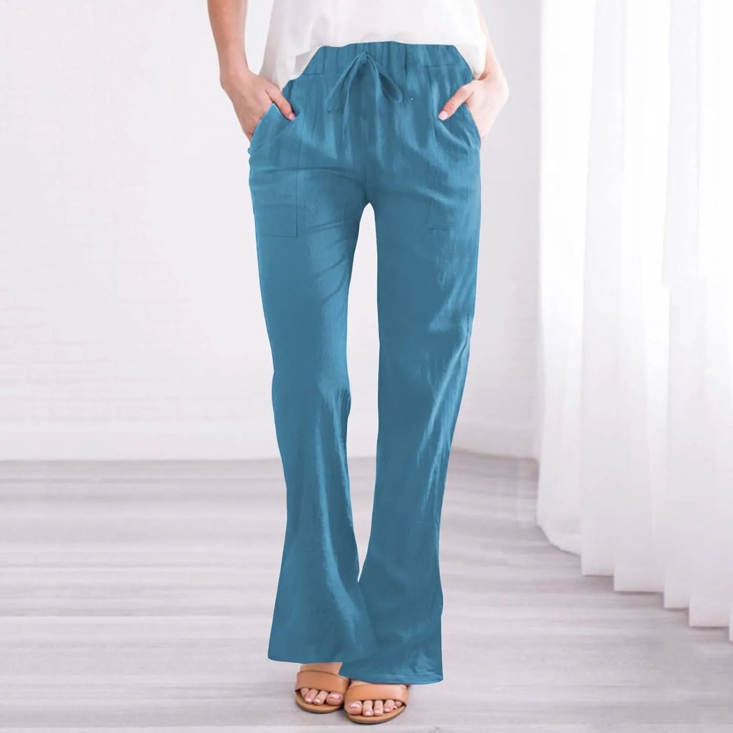Womens Linen Pants for Summer and Linen Pocket Waist Slim Bell Bottom Trousers Linen Slacks for Women