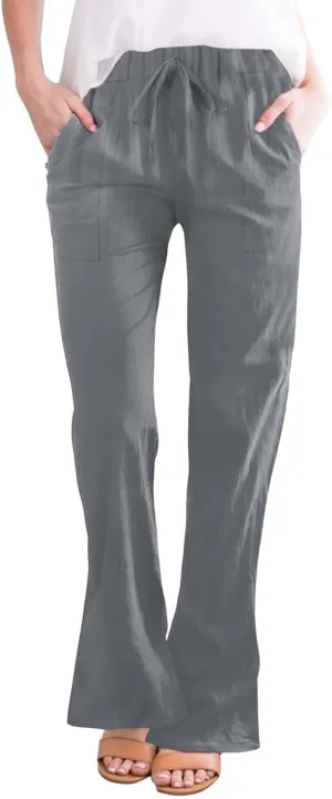 Womens Linen Pants for Summer and Linen Pocket Waist Slim Bell Bottom Trousers Linen Slacks for Women