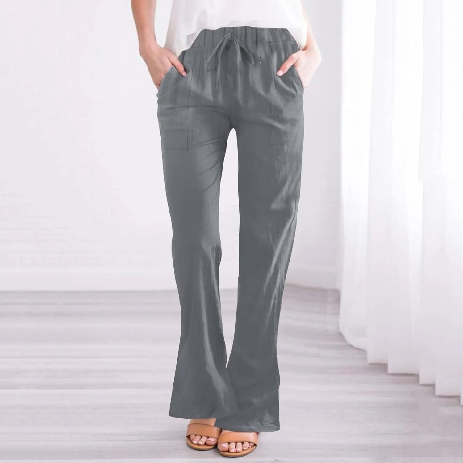Womens Linen Pants for Summer and Linen Pocket Waist Slim Bell Bottom Trousers Linen Slacks for Women