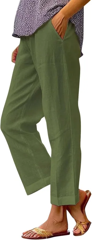 Women's Linen Pants Solid Elastic Pants Long Drawstring Linen Women Waist Cotton Casual Business Work Casual