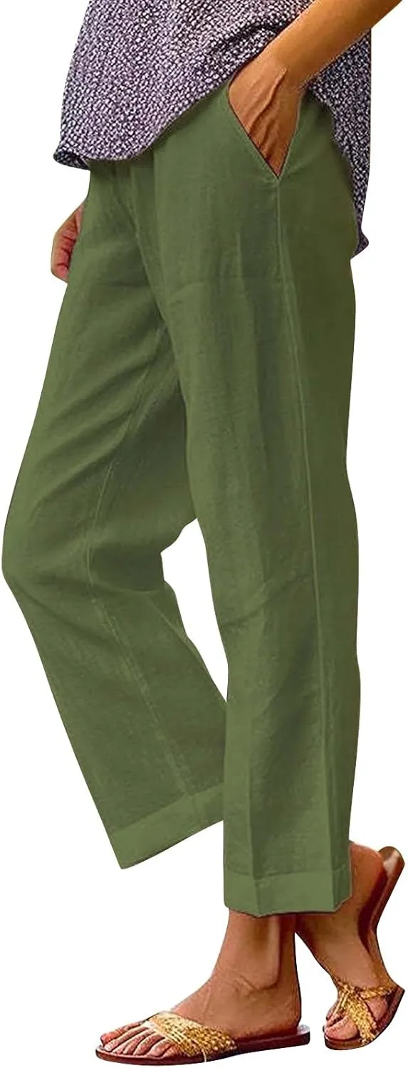 Women's Linen Pants Solid Elastic Pants Long Drawstring Linen Women Waist Cotton Casual Business Work Casual
