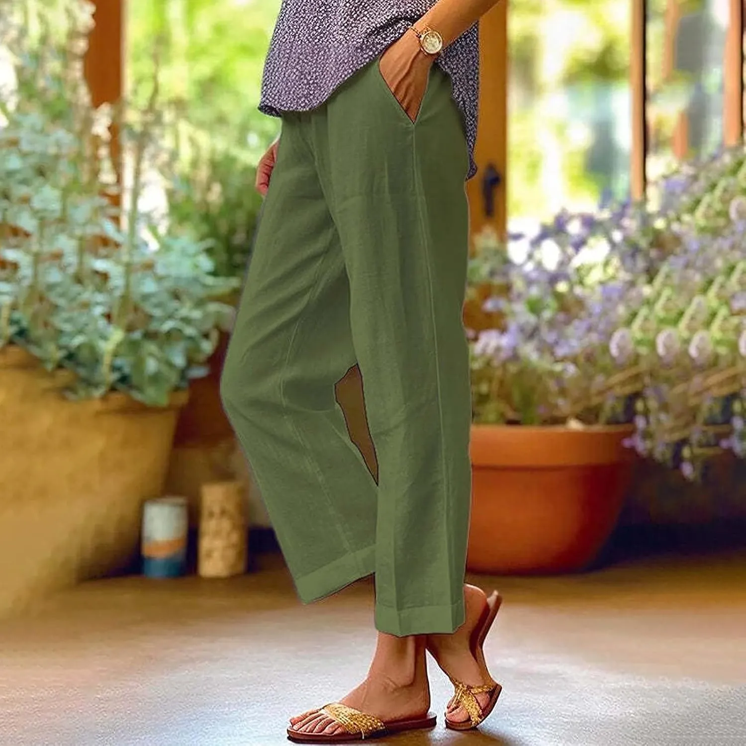 Women's Linen Pants Solid Elastic Pants Long Drawstring Linen Women Waist Cotton Casual Business Work Casual