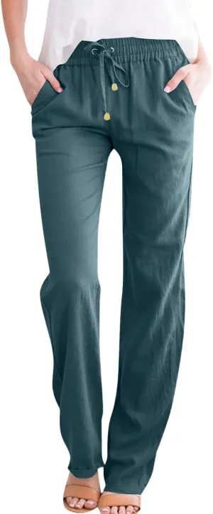 Womens Linen Pants Straight Leg High Waisted Pull On Dress Pants Summer Elastic Waist Flowy Beach Pants with Pockets