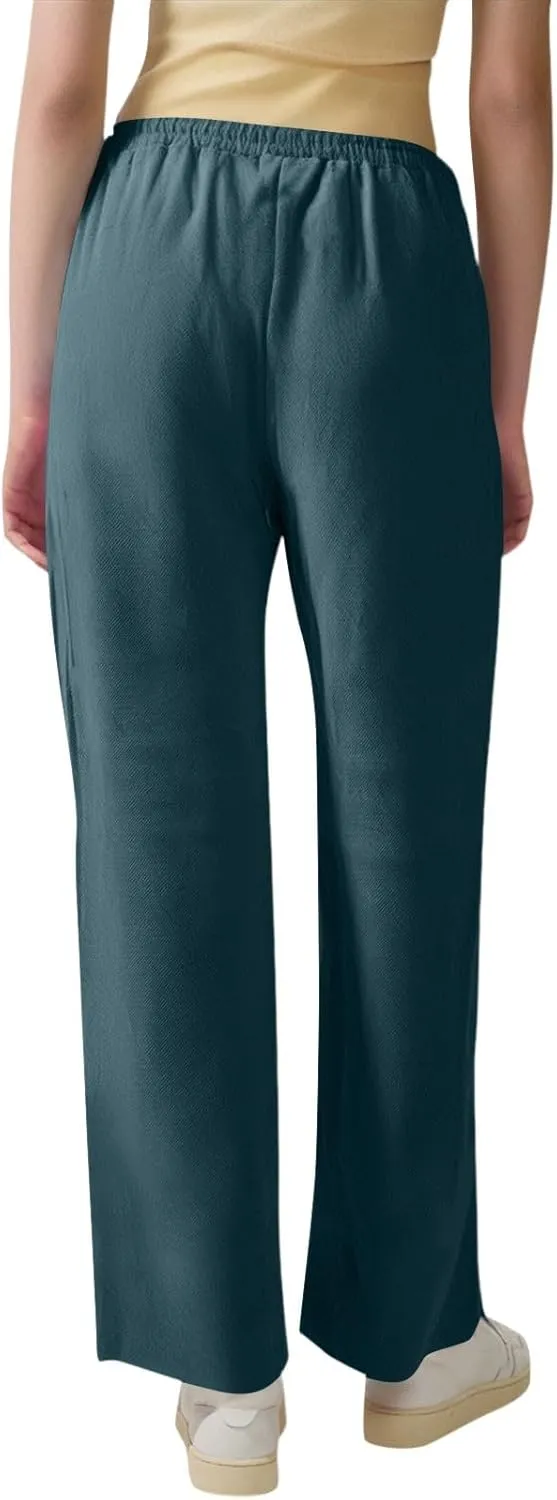 Womens Linen Pants Straight Leg High Waisted Pull On Dress Pants Summer Elastic Waist Flowy Beach Pants with Pockets