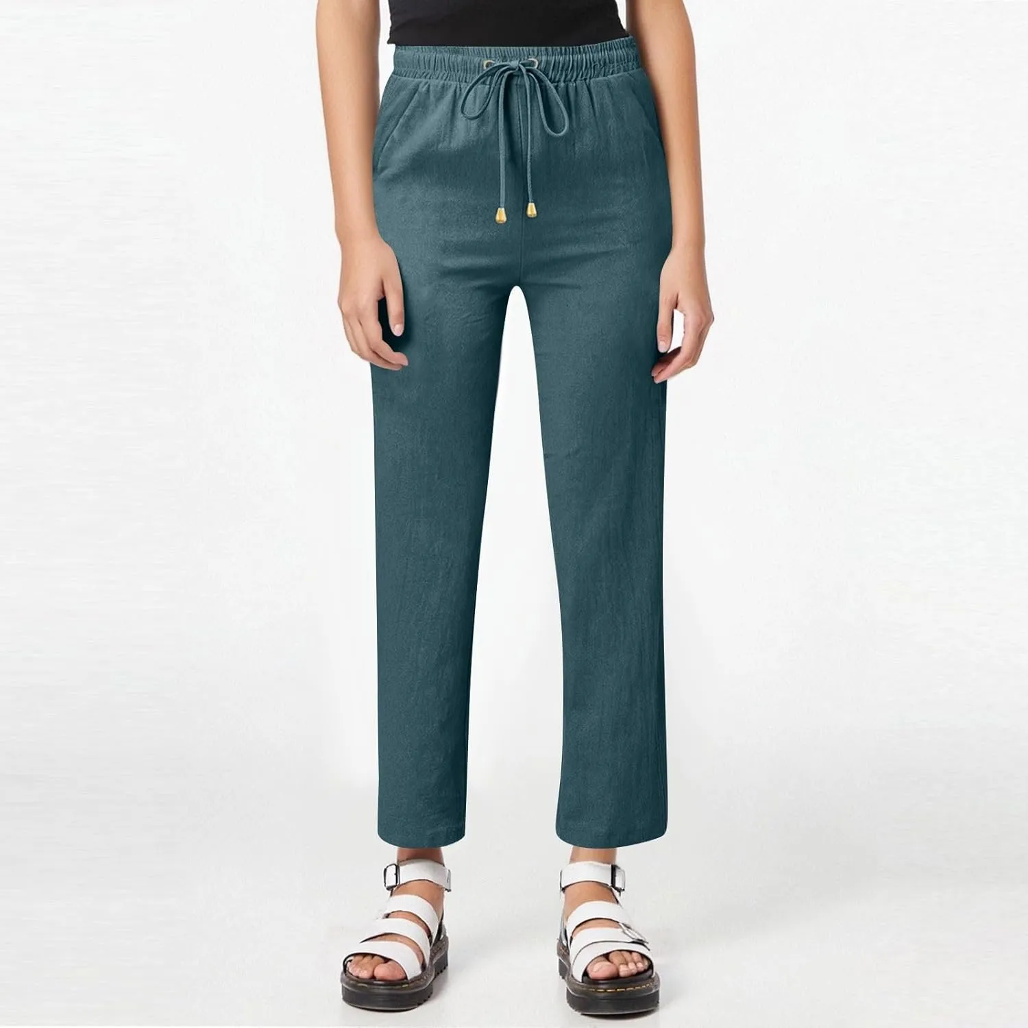 Womens Linen Pants Straight Leg High Waisted Pull On Dress Pants Summer Elastic Waist Flowy Beach Pants with Pockets