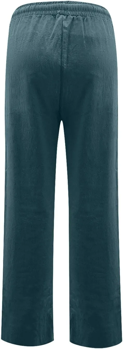 Womens Linen Pants Straight Leg High Waisted Pull On Dress Pants Summer Elastic Waist Flowy Beach Pants with Pockets