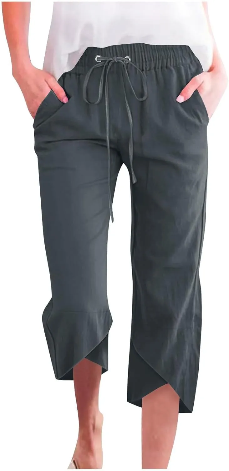 Womens Linen Pants Summer Drawstring Waist Wide Leg Pants Loose Cotton Linen Palazzo Pant Casual Trendy Capris Pant