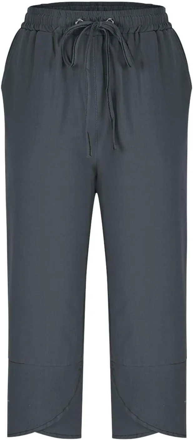 Womens Linen Pants Summer Drawstring Waist Wide Leg Pants Loose Cotton Linen Palazzo Pant Casual Trendy Capris Pant