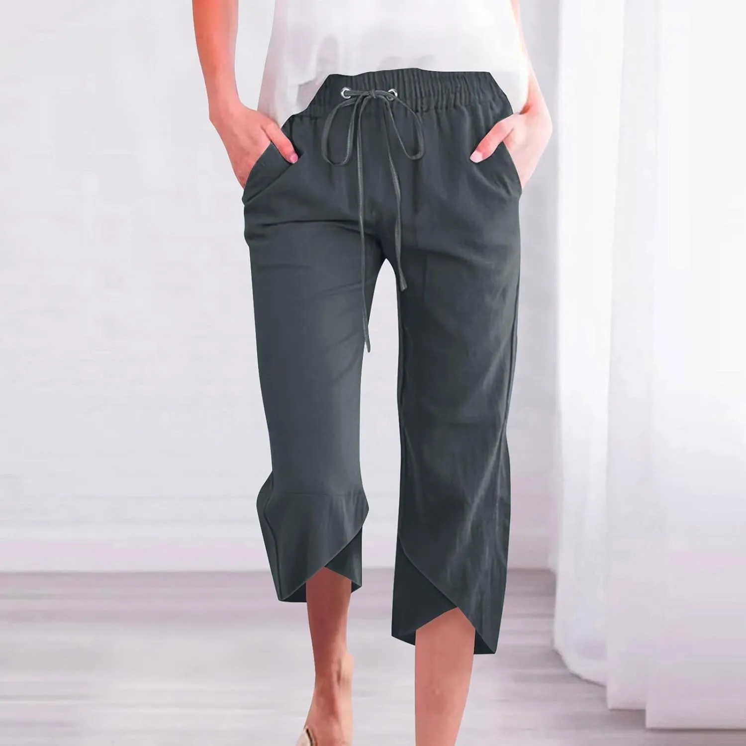 Womens Linen Pants Summer Drawstring Waist Wide Leg Pants Loose Cotton Linen Palazzo Pant Casual Trendy Capris Pant