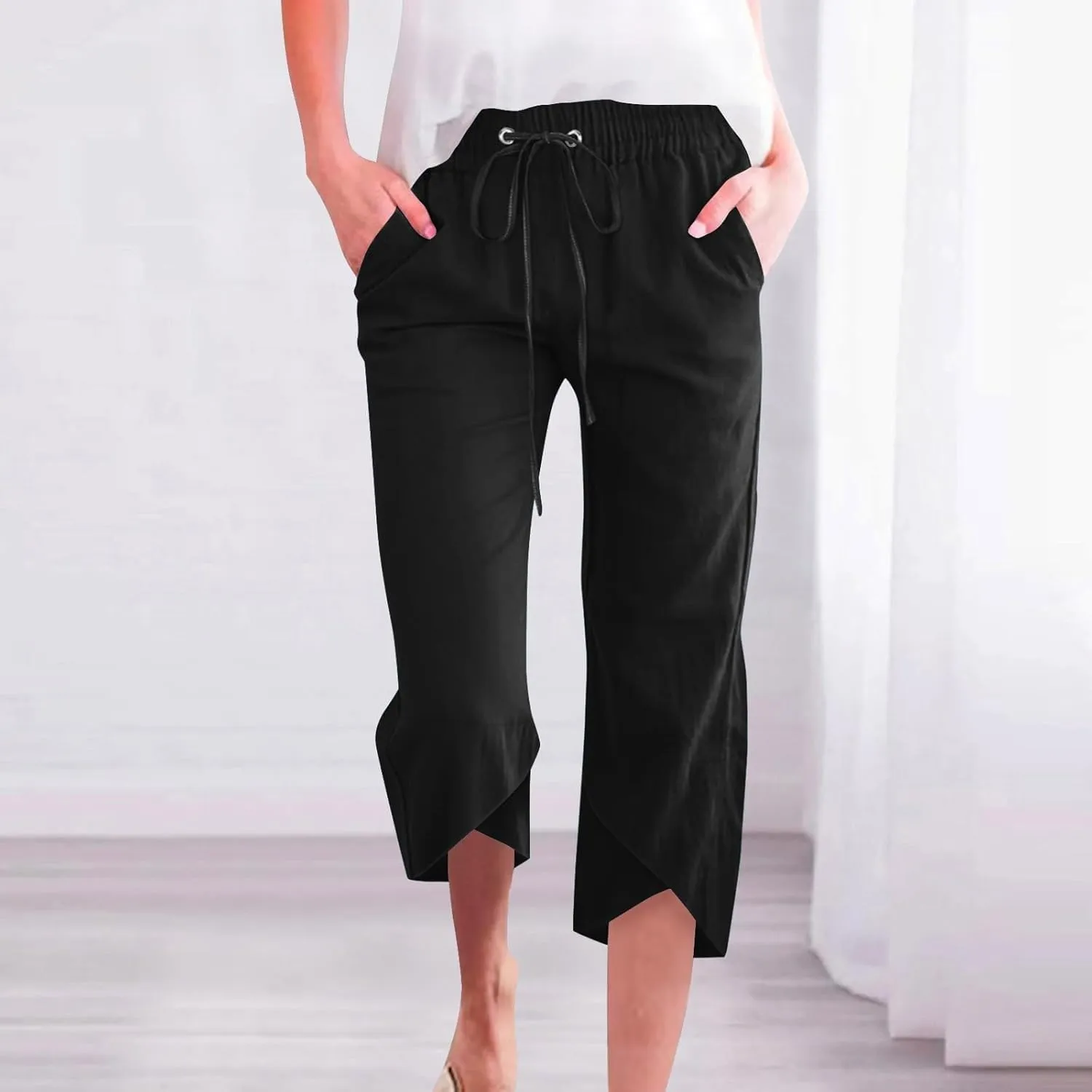 Womens Linen Pants Summer Drawstring Waist Wide Leg Pants Loose Cotton Linen Palazzo Pant Casual Trendy Capris Pant