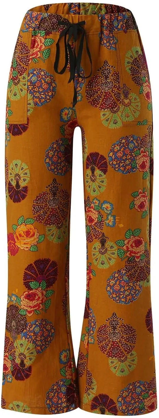 Womens Linen Pants Wide Leg Pockets Elastic Belt Waist Pants Long Trousers Crop Linen Pants for Women