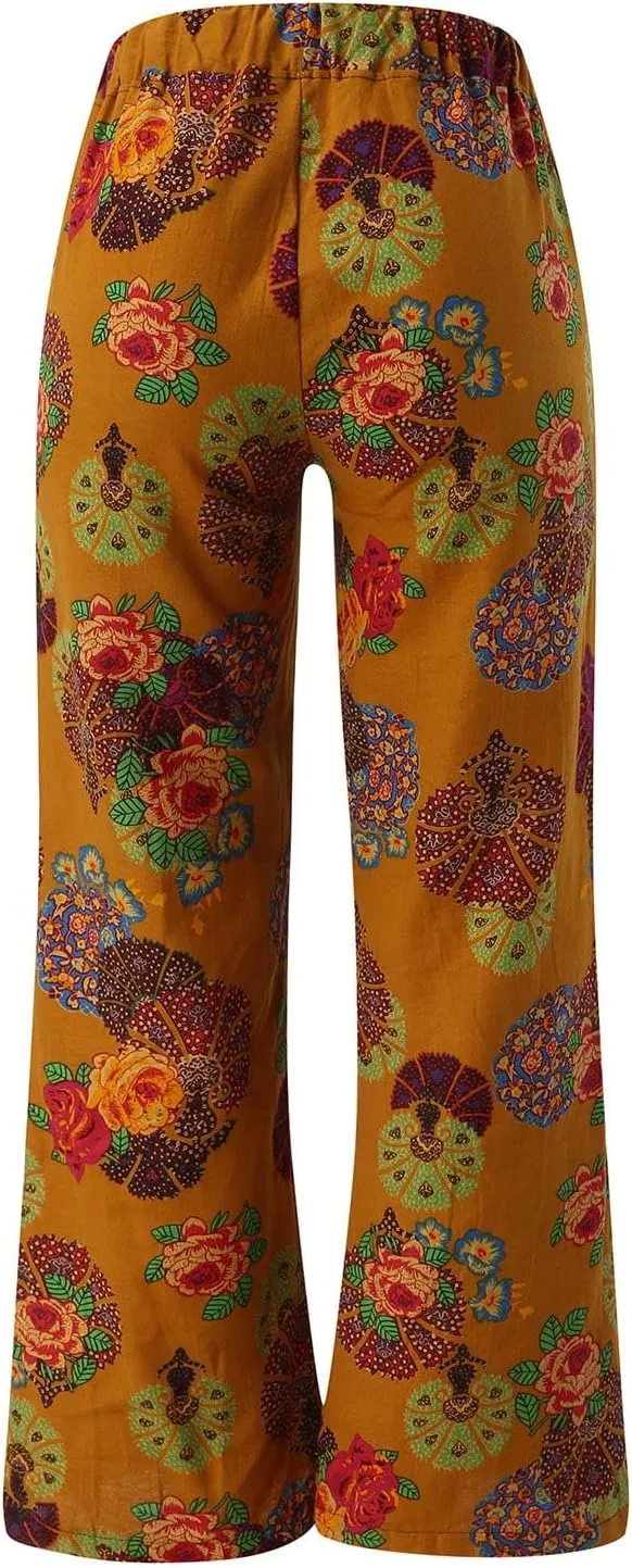 Womens Linen Pants Wide Leg Pockets Elastic Belt Waist Pants Long Trousers Crop Linen Pants for Women