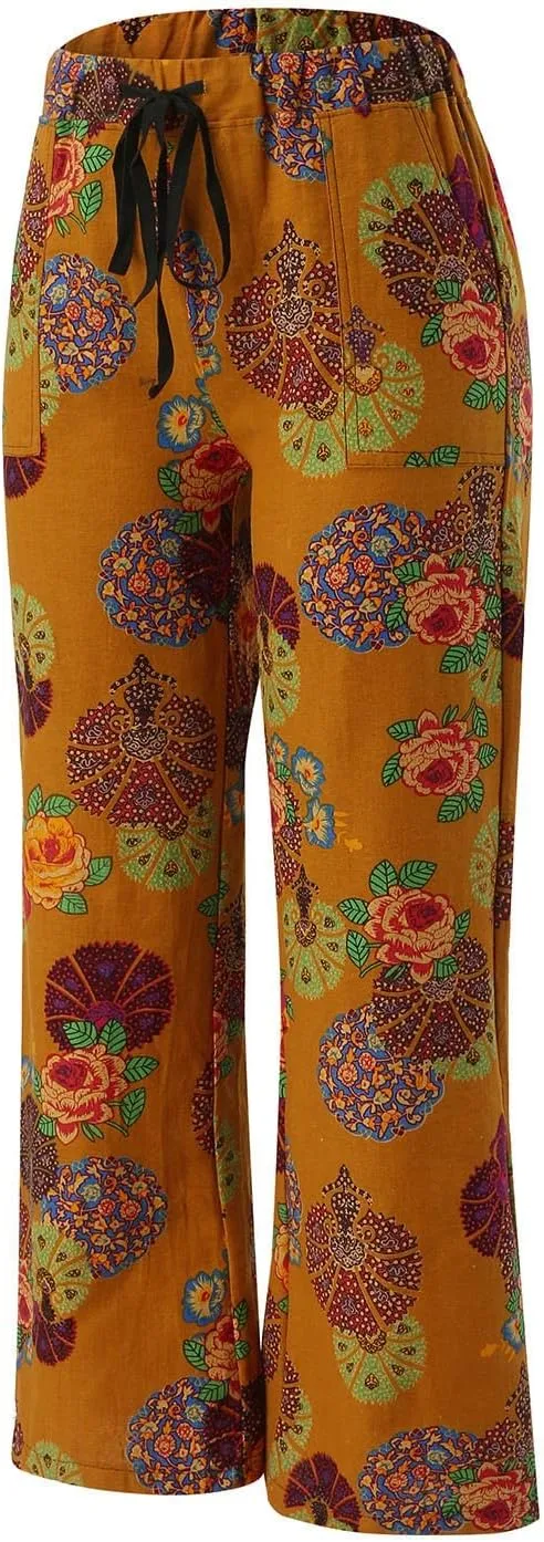 Womens Linen Pants Wide Leg Pockets Elastic Belt Waist Pants Long Trousers Crop Linen Pants for Women