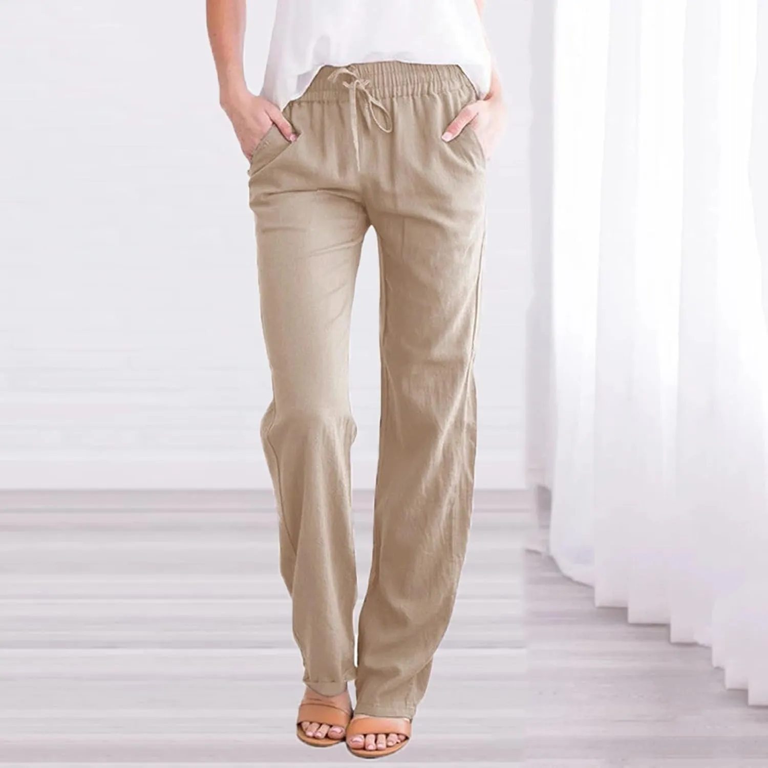 Womens Linen Striped Capris Summer Capri Pants 2025 Summer 2025 Wide Leg Loose Drawstring Elastic Waist Cropped Trouser