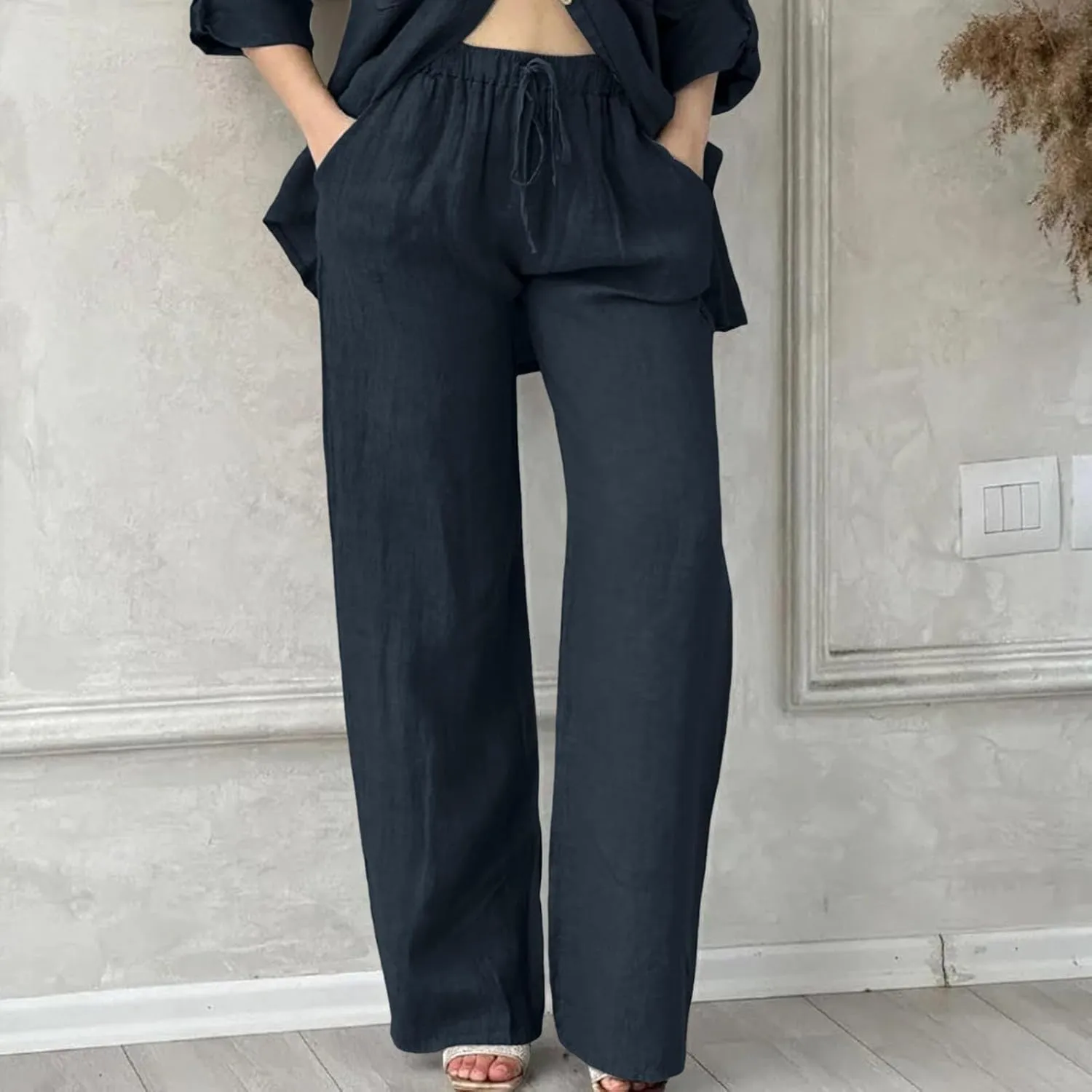 Womens Linen Summer Capri Pants Casual Drawstring Elastic Trousers Comfy Straight Leg Long Pants with Pockets Flowy