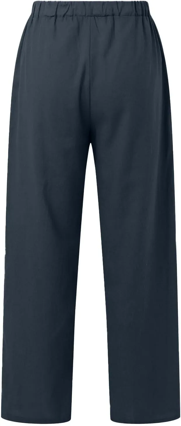 Womens Linen Summer Capri Pants Casual Drawstring Elastic Trousers Comfy Straight Leg Long Pants with Pockets Flowy