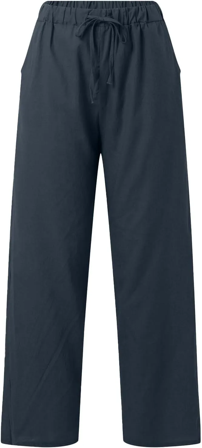 Womens Linen Summer Capri Pants Casual Drawstring Elastic Trousers Comfy Straight Leg Long Pants with Pockets Flowy
