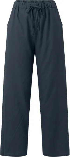 Womens Linen Summer Capri Pants Casual Drawstring Elastic Trousers Comfy Straight Leg Long Pants with Pockets Flowy