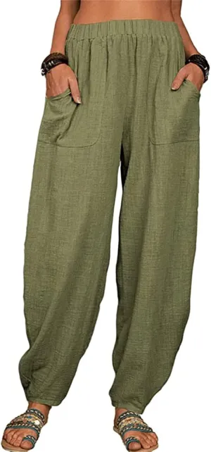 Womens Linen Wide Leg Harem Pants Casual Baggy Loose Palazzo Pants Comfy Beach Vacation Summer Trousers with Pockets