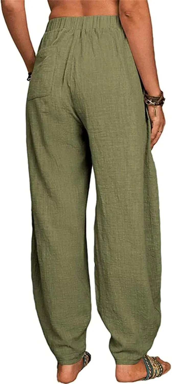 Womens Linen Wide Leg Harem Pants Casual Baggy Loose Palazzo Pants Comfy Beach Vacation Summer Trousers with Pockets