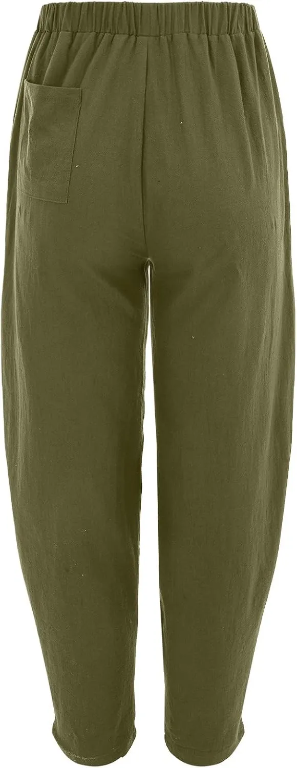 Womens Linen Wide Leg Harem Pants Casual Baggy Loose Palazzo Pants Comfy Beach Vacation Summer Trousers with Pockets
