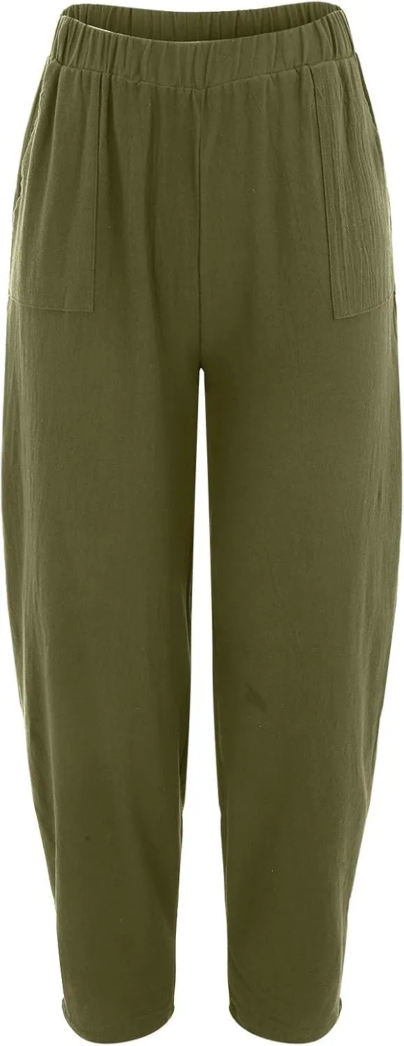 Womens Linen Wide Leg Harem Pants Casual Baggy Loose Palazzo Pants Comfy Beach Vacation Summer Trousers with Pockets