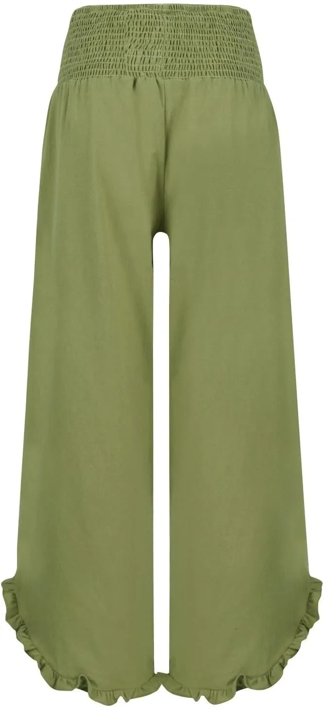 WomenS Linen Wide Leg Pants Flowy Smocked Waist Ruffle Hem Lightweight Summer Beach Vacation Trousers with Pockets