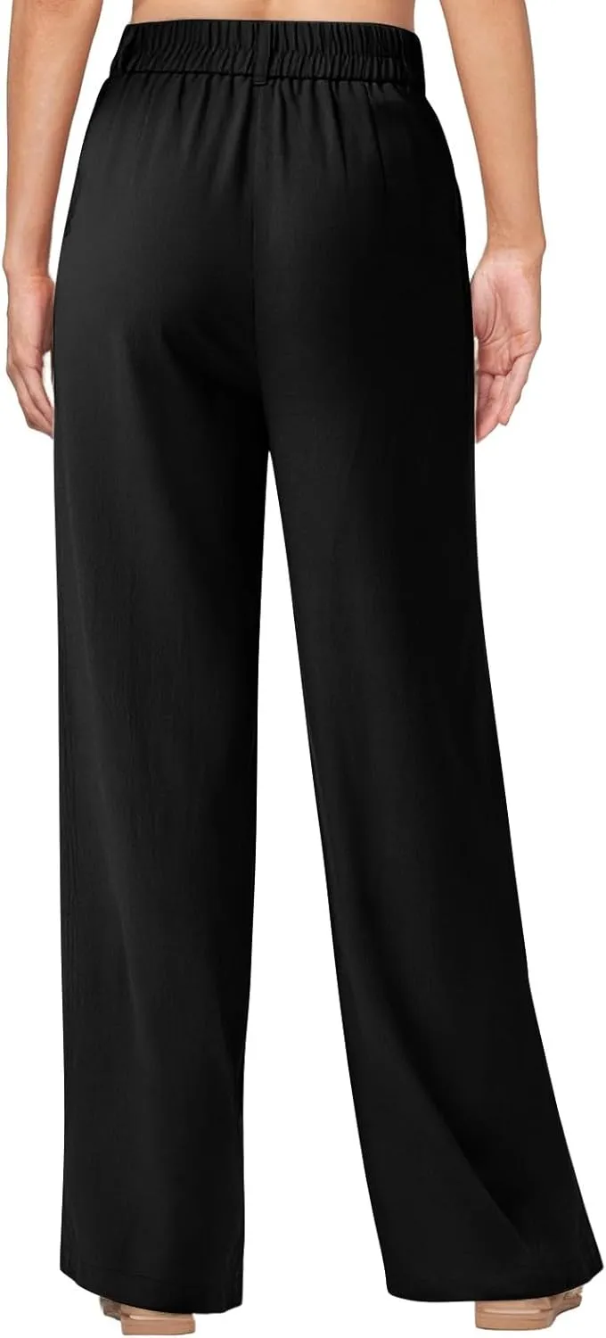 Women's Linen Wide Leg Work Pants with Casual Loose Fit Dressy Fashion Details