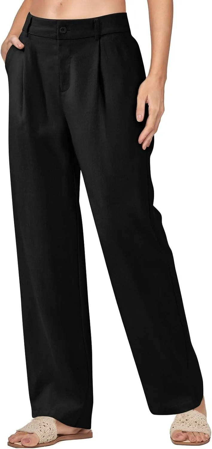 Women's Linen Wide Leg Work Pants with Casual Loose Fit Dressy Fashion Details