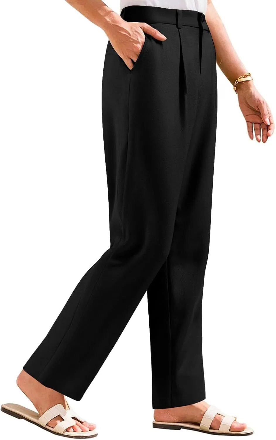 Women's Linen Wide Leg Work Pants with Casual Loose Fit Dressy Fashion Details