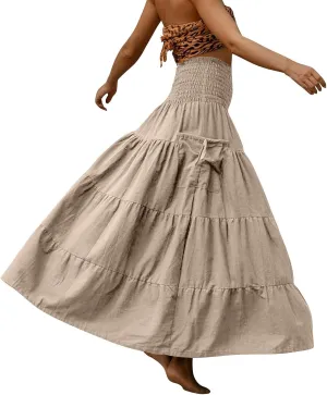 Womens Maxi Boho Skirt Long Pockets Hippie Bohemian Elastic Waist Gypsy Skirt Summer Flowy Pleated Tiered A Line Skirts