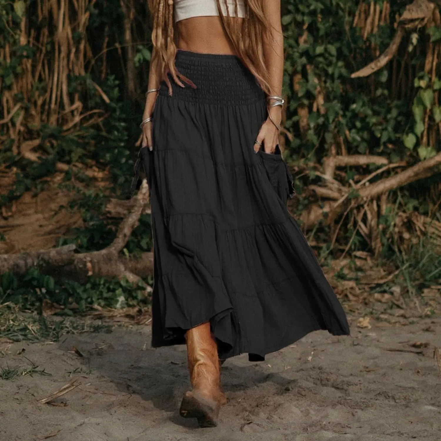 Women's Maxi Boho Skirt Long Pockets Hippie Bohemian Elastic Waist Gypsy Skirt Summer Flowy Pleated Tiered A Line Skirts