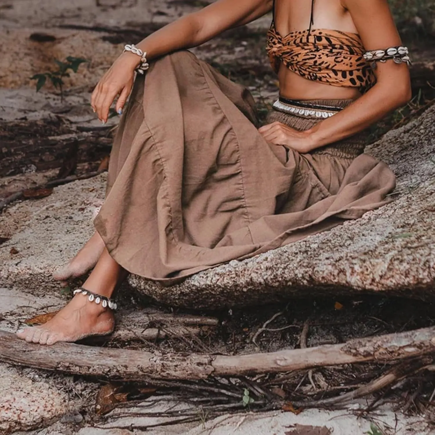 Womens Maxi Boho Skirt Long Pockets Hippie Bohemian Elastic Waist Gypsy Skirt Summer Flowy Pleated Tiered A Line Skirts