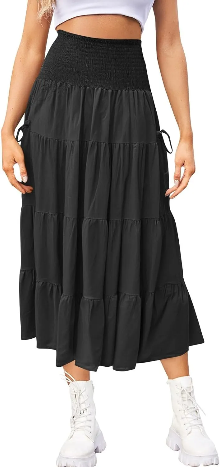 Women's Maxi Boho Skirt Long Pockets Hippie Bohemian Elastic Waist Gypsy Skirt Summer Flowy Pleated Tiered A Line Skirts
