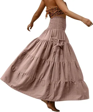 Womens Maxi Boho Skirt Long Pockets Hippie Bohemian Elastic Waist Gypsy Skirt Summer Flowy Pleated Tiered A Line Skirts