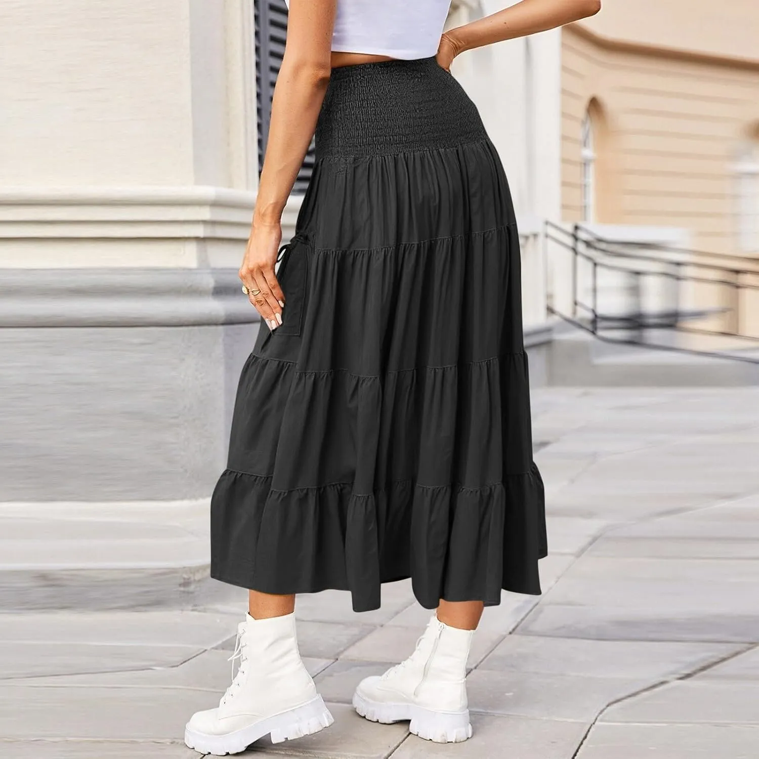 Women's Maxi Boho Skirt Long Pockets Hippie Bohemian Elastic Waist Gypsy Skirt Summer Flowy Pleated Tiered A Line Skirts