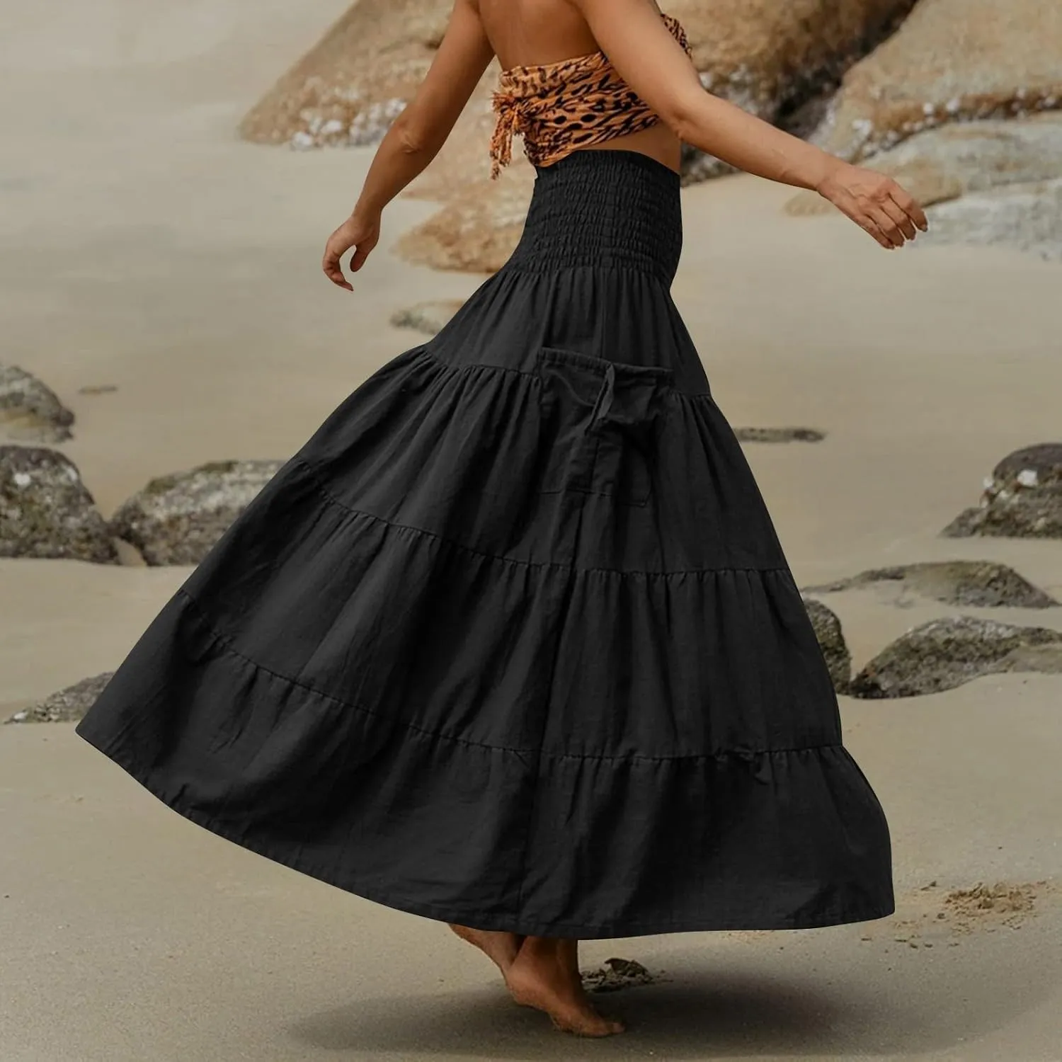 Women's Maxi Boho Skirt Long Pockets Hippie Bohemian Elastic Waist Gypsy Skirt Summer Flowy Pleated Tiered A Line Skirts