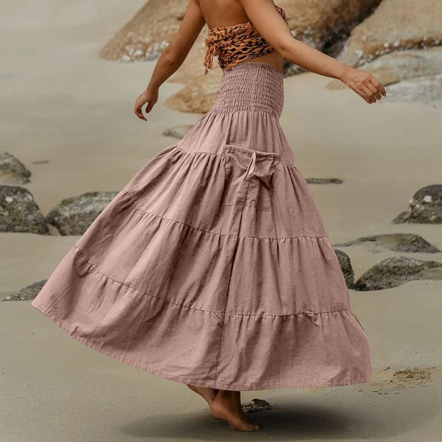 Womens Maxi Boho Skirt Long Pockets Hippie Bohemian Elastic Waist Gypsy Skirt Summer Flowy Pleated Tiered A Line Skirts