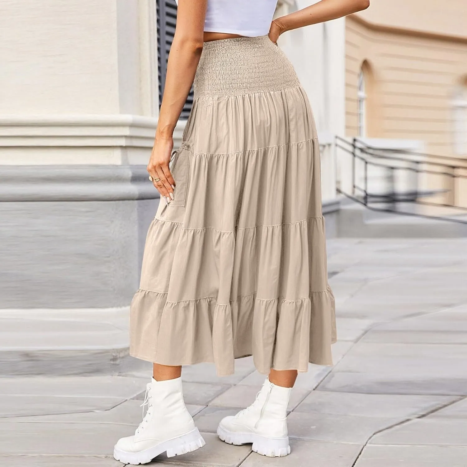 Womens Maxi Boho Skirt Long Pockets Hippie Bohemian Elastic Waist Gypsy Skirt Summer Flowy Pleated Tiered A Line Skirts