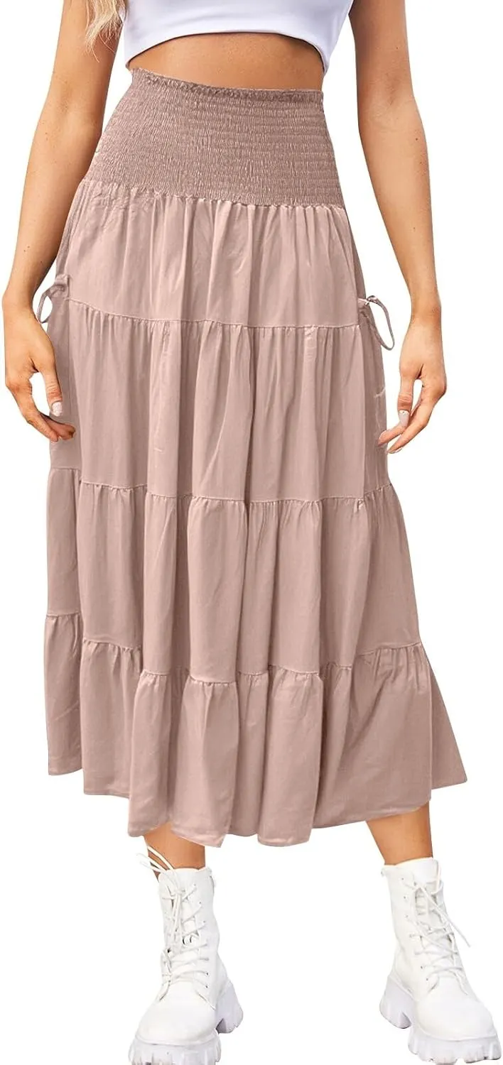Womens Maxi Boho Skirt Long Pockets Hippie Bohemian Elastic Waist Gypsy Skirt Summer Flowy Pleated Tiered A Line Skirts