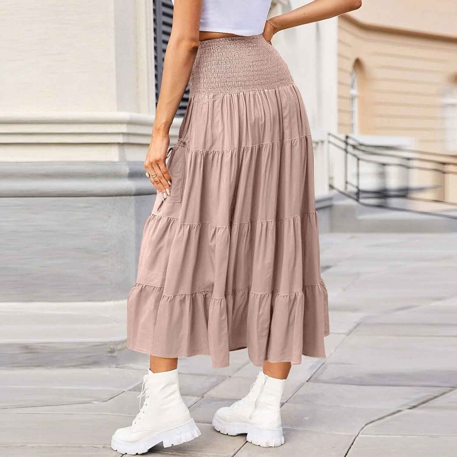Womens Maxi Boho Skirt Long Pockets Hippie Bohemian Elastic Waist Gypsy Skirt Summer Flowy Pleated Tiered A Line Skirts
