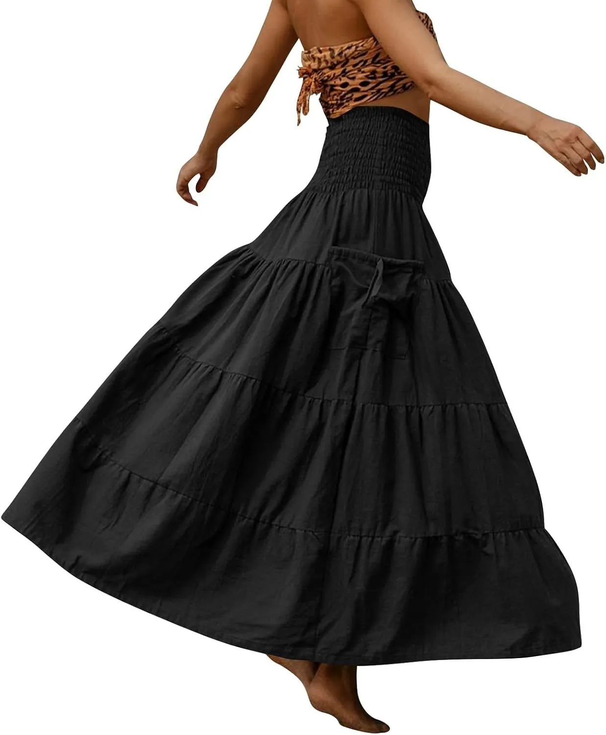 Women's Maxi Boho Skirt Long Pockets Hippie Bohemian Elastic Waist Gypsy Skirt Summer Flowy Pleated Tiered A Line Skirts