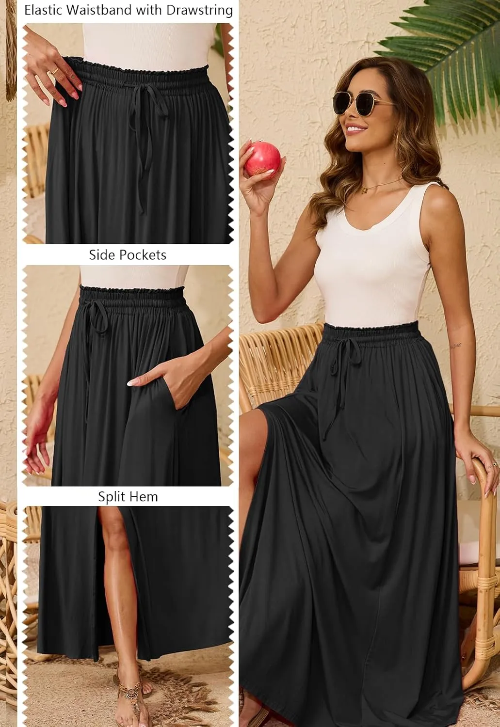 Womens Maxi High Elastic Waisted Skirt Flowy A-Line Split Hem Beach Long Skirts for Women with Pockets