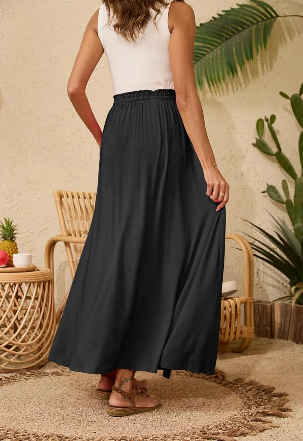 Womens Maxi High Elastic Waisted Skirt Flowy A-Line Split Hem Beach Long Skirts for Women with Pockets